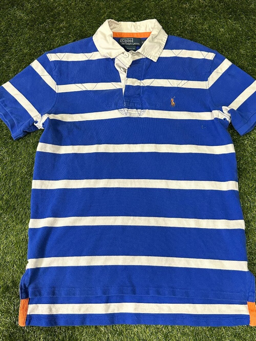 Polo Ralph Lauren Men M Custom Fit Rugby Shirt Striped Quilted Shoulder Blue